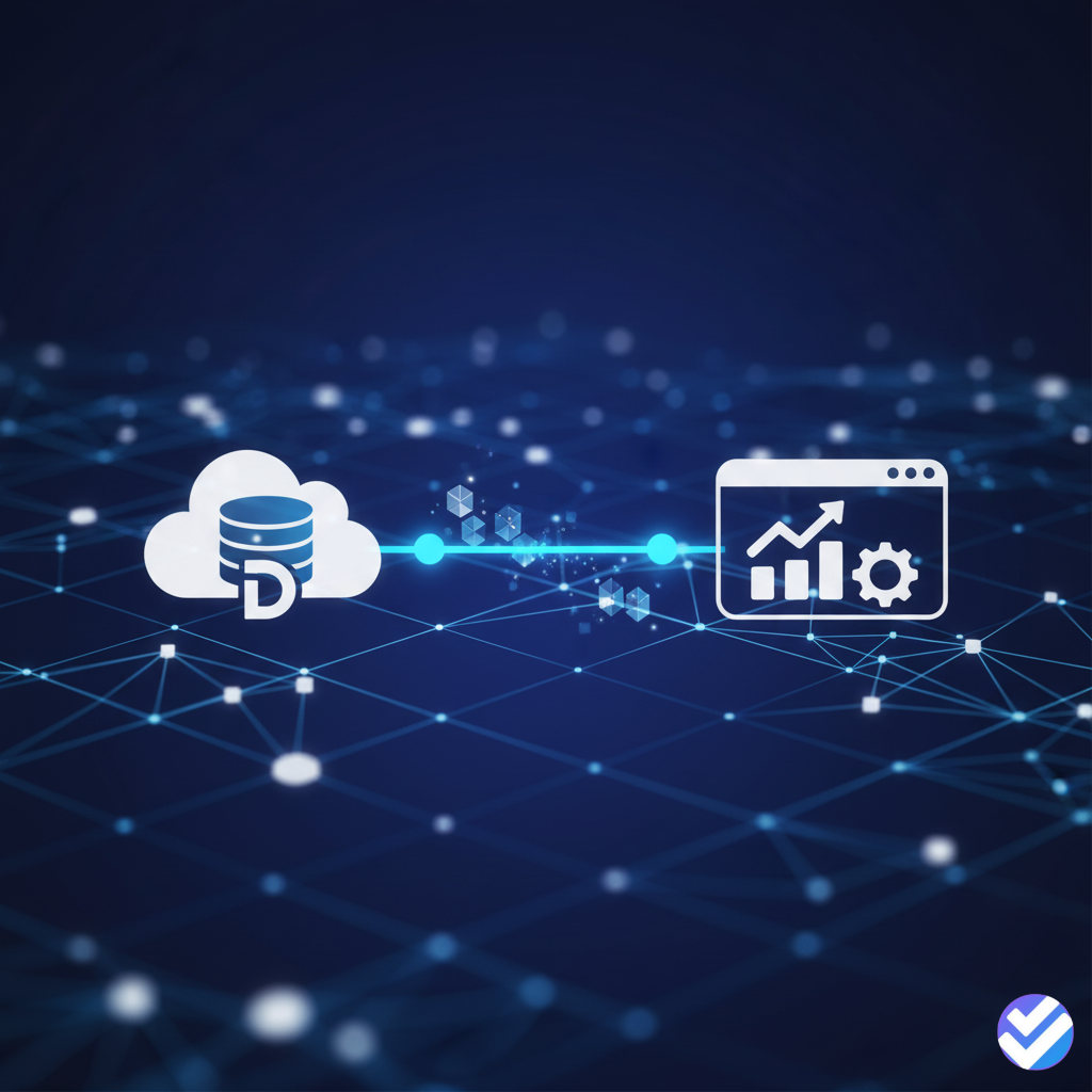 Image showing abstract data connections or two software icons linked by a clear blue line.
