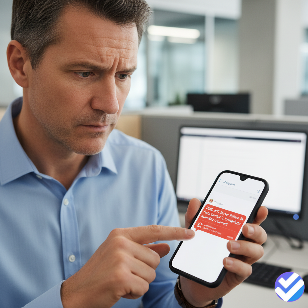Image of a manager receiving an urgent text message alert on a smartphone screen.