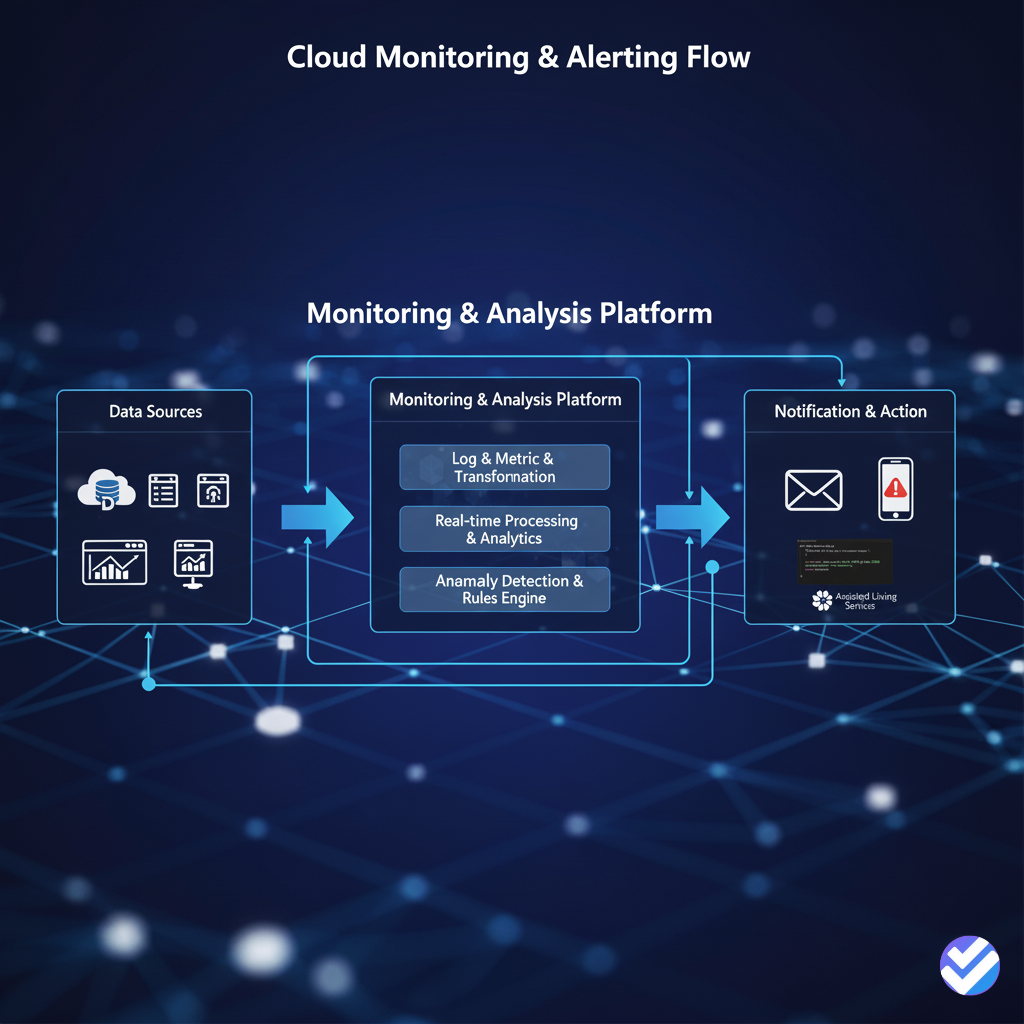 Cloud architecture diagram showing 24/7 monitoring flow.