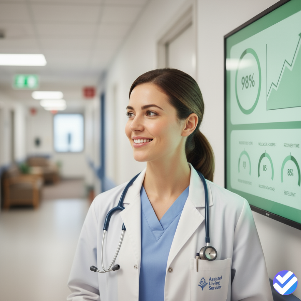 Image of a nurse smiling while looking at a simplified, green-colored dashboard.